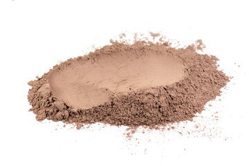 A heap of Whey chocolate protein powder  isolated on white background.