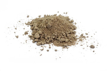 Raw Organic linseed protein powder pile isolated on white background. Linseed flour.