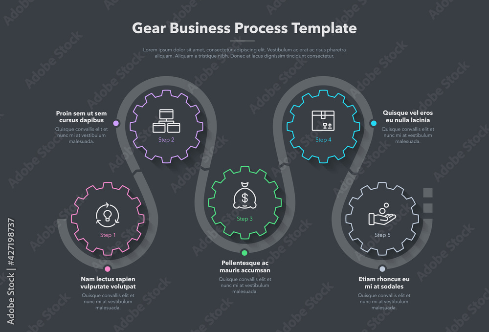 Poster Modern gear business process template with 5 steps - dark version. Easy to use for your website or presentation.