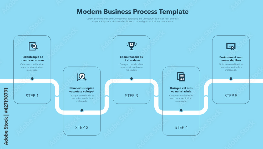 Fototapete Modern business process template with 5 steps - blue version. Easy to use for your website or presentation.