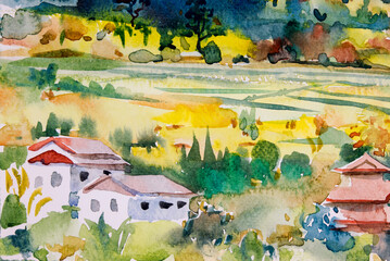 Watercolor landscape painting  of Village and rice field in farm.