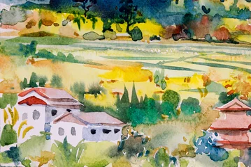 Poster Watercolor landscape painting  of Village and rice field in farm. © Painterstock