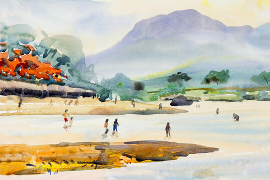 Watercolor landscape painting colorful of vacation summer holiday.
