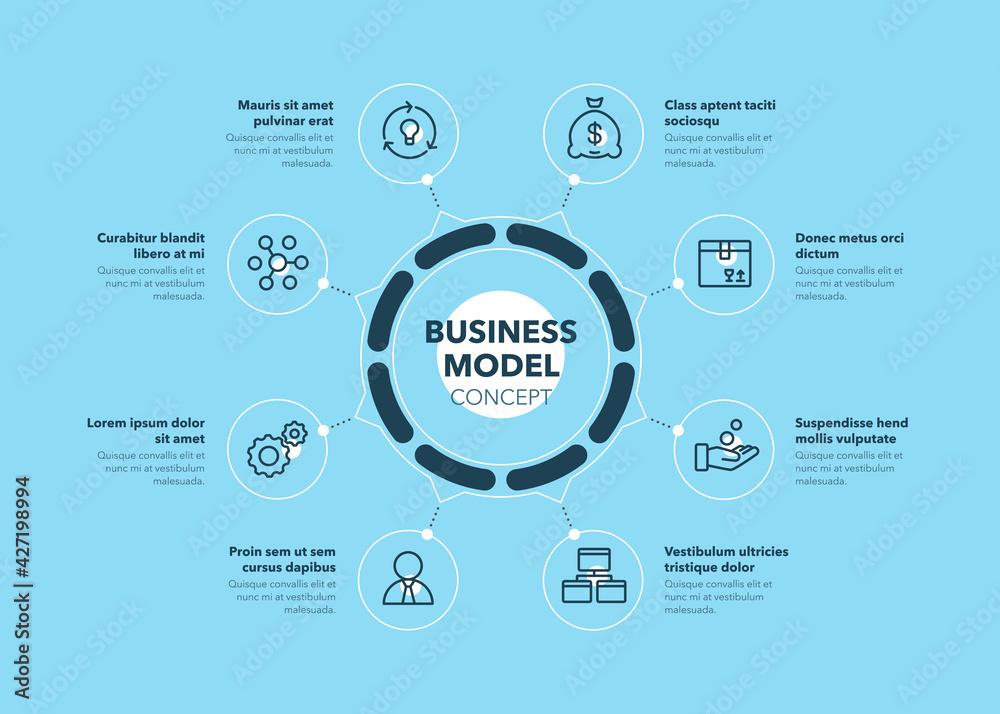 Poster Simple concept for business model diagram with eight steps and place for your description - blue version. Flat infographic design template for website or presentation.