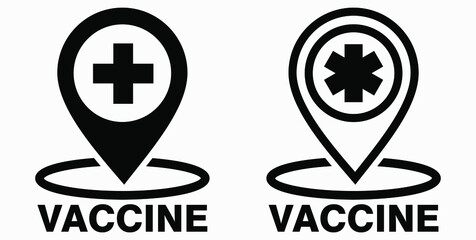 Vaccine and location icon. Syringe sign. The location of the hospital. Vector icon.