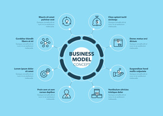 Simple concept for business model diagram with eight steps and place for your description - blue version. Flat infographic design template for website or presentation.