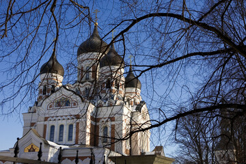 Aleksander Nevski Cathedral, Toompea (Cathedral Hill), Tallinn, Estonia: the west front of the Russian Orthodox cathedral, Tallinn's largest and grandest orthodox cupola cathedral. - obrazy, fototapety, plakaty