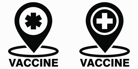 Vaccine and location icon. Syringe sign. The location of the hospital. Vector icon.