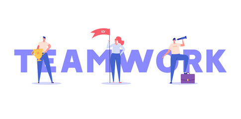 Best team of people illustration. Characters with reward cup, flag and telescope. Successful teamwork, career success, teambuilding. Vector illustration in flat design for web banners.