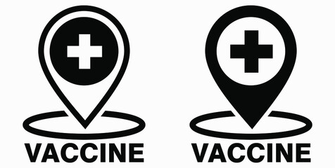 Vaccine and location icon. Syringe sign. The location of the hospital. Vector icon.