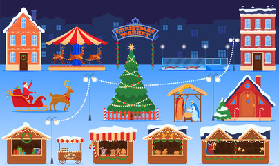 Christmas market, fun fair, active shopping, holiday sale, merchandise kiosk, snowy day, design cartoon style vector illustration.