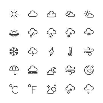Simple Interface Icons Related to Weather. wind, Snow, Sun, Rain. Editable Stroke. 32x32 Pixel Perfect.