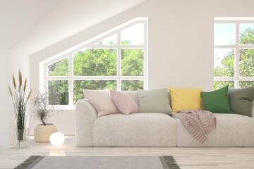 White living room with sofa and summer landscape in window. Scandinavian interior design. 3D illustration
