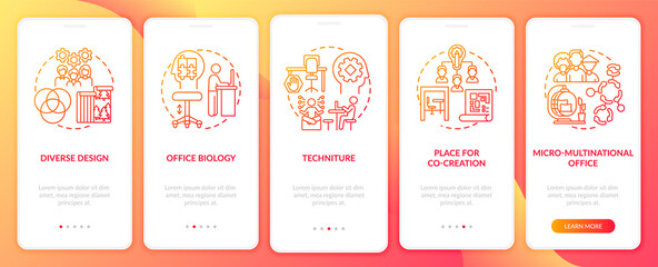 Workplace trends onboarding mobile app page screen with concepts. Diversity, techniture walkthrough 5 steps graphic instructions. UI, UX, GUI vector template with linear color illustrations
