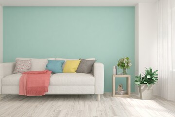 Soft color living room with sofa. Scandinavian interior design. 3D illustration