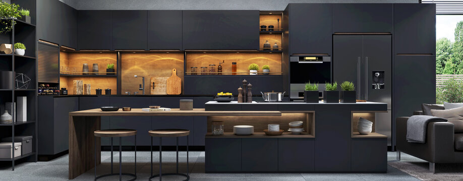 Beautiful open plan matte black kitchen and  kitchen island with dining area