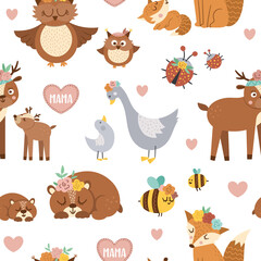 Vector seamless pattern with cute boho baby animals and parents. Funny woodland animal repeating background. Mothers Day digital paper. Mother and child texture, family love concept..