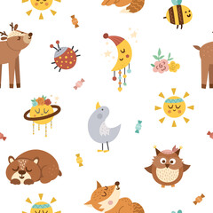 Fototapeta premium Vector seamless pattern with woodland baby animals half moon, planet, sun. Boho forest repeating background. Bohemian digital paper with little fox, owl, bear, deer, ladybug..