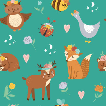 Vector seamless pattern with woodland animals, insects and birds. Boho forest repeating background. Bohemian digital paper with fox, owl, bear, deer, ladybug, goose with flowers on heads. .