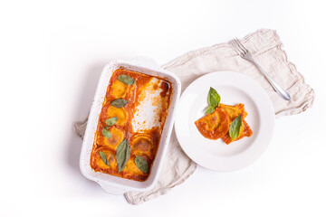 top view of delicious fresh homemade pasta on white background