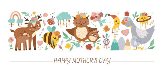 Vector horizontal set with Mothers day characters and elements. Card template design with cute forest baby animals and parents showing family love. Funny boho style holiday border..