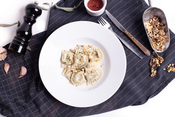 top view of delicious fresh homemade pasta on white background