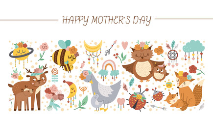 Fototapeta premium Vector horizontal set with Mothers day characters and elements. Card template design with cute forest baby animals and parents showing family love. Funny boho style holiday or celestial border..