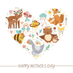 Vector heart shaped frame with Mothers day elements. Family love concept. Design for banners, posters, invitations. Cute boho style holiday card template with forest animals, birds, flowers..