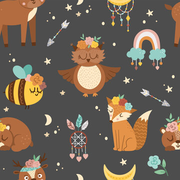 Vector seamless pattern with woodland animals, rainbow, dreamcatcher. Boho forest repeating background. Bohemian digital paper with fox, owl, bear, deer, ladybug with flowers on heads. .