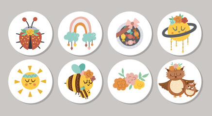 Cute set of round Mothers day highlight icons or card designs with cute animals, sweets, flowers. Vector spring holiday pin or badge design isolated on white background with family love concept.