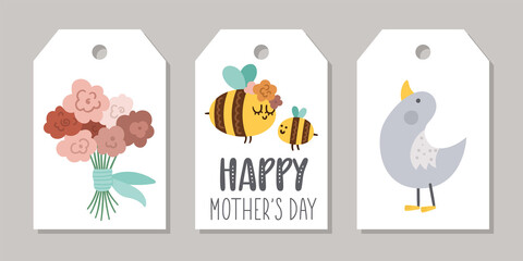 Cute set of Mothers day price tag templates with cute baby and mother bumblebee, gosling, flowers bouquet. Vector holiday card designs. Shop badge or label with family love concept. .
