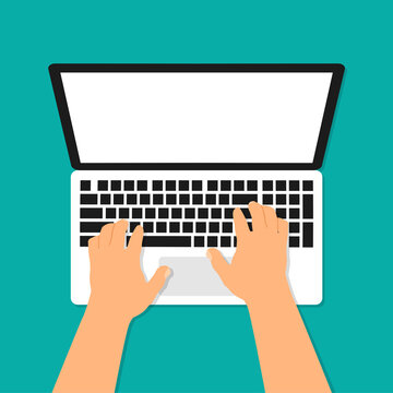 Hand on computer laptop. Laptop and hand vector flat