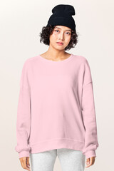 Woman in pink basic sweater casual apparel