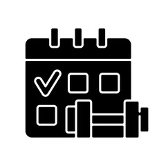 Regular exercise black glyph icon. Calendar to track gym attendance. Routine for workout. Fitness schedule. Improve health. Silhouette symbol on white space. Vector isolated illustration