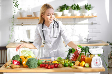 enthusiastic female dietologist show which food to use to be healthy