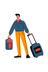 avatar of a man in a hoodie and jeans holding a travel backpack and a blue suitcase front view on an isolated background, vector illustration flat style.
