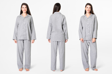 Woman in gray pajamas comfy sleepwear apparel full body