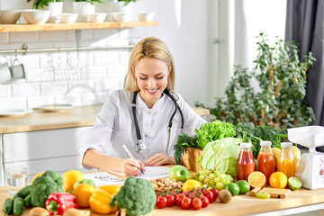 Female nutritionist young doctor writing diet plan on table. Right nutrition and slimming concept