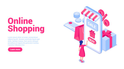 Online shopping concept. Girl in front of smartphone screen with gift box, credit card, coins, bag.Web banner or landing page template. Flat isometric vector illustration isolated on white background.