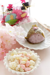 Japanese spring confectionery, cherry blossom sticky rice ball and snack for Girl's day holiday