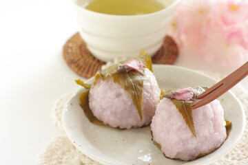 Japanese spring confectionery, cherry blossom sticky rice ball