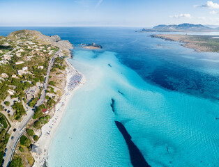 Mediterranean beach La Pelosa, Stintino, Sardinia island, Italy.Aerial view