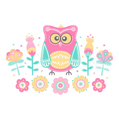 Vector hand drawn composition with owls and flowers. Illustration in flat style. Pastel colors - mint, pink, yellow, beige. Cute childish illustration for textile, cards, posters. - 427202901