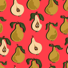 Pears with leaves, whole and chopped. Pear  seamless pattern. Background for wallpaper, fabric, paper, scrapbooking, menu and packaging