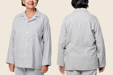 Senior woman in gray pajamas nightwear apparel