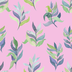 watercolor twigs with leaves of different colors on a colored  background vector seamless pattern