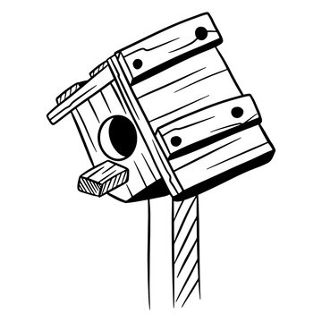 recommend clip art: Squorer for birds. House for birds. Wooden house. Line style.