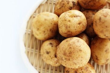 New Potato on bamboo basket for spring