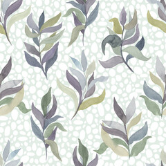 watercolor twigs with leaves of different colors on a colored  and dot background vector seamless pattern