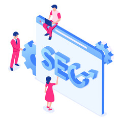 A group of people is engaged in search engine optimization of the site. Web page with people and CEO letters. Vector illustration in isometric style. Isolated over white background. 